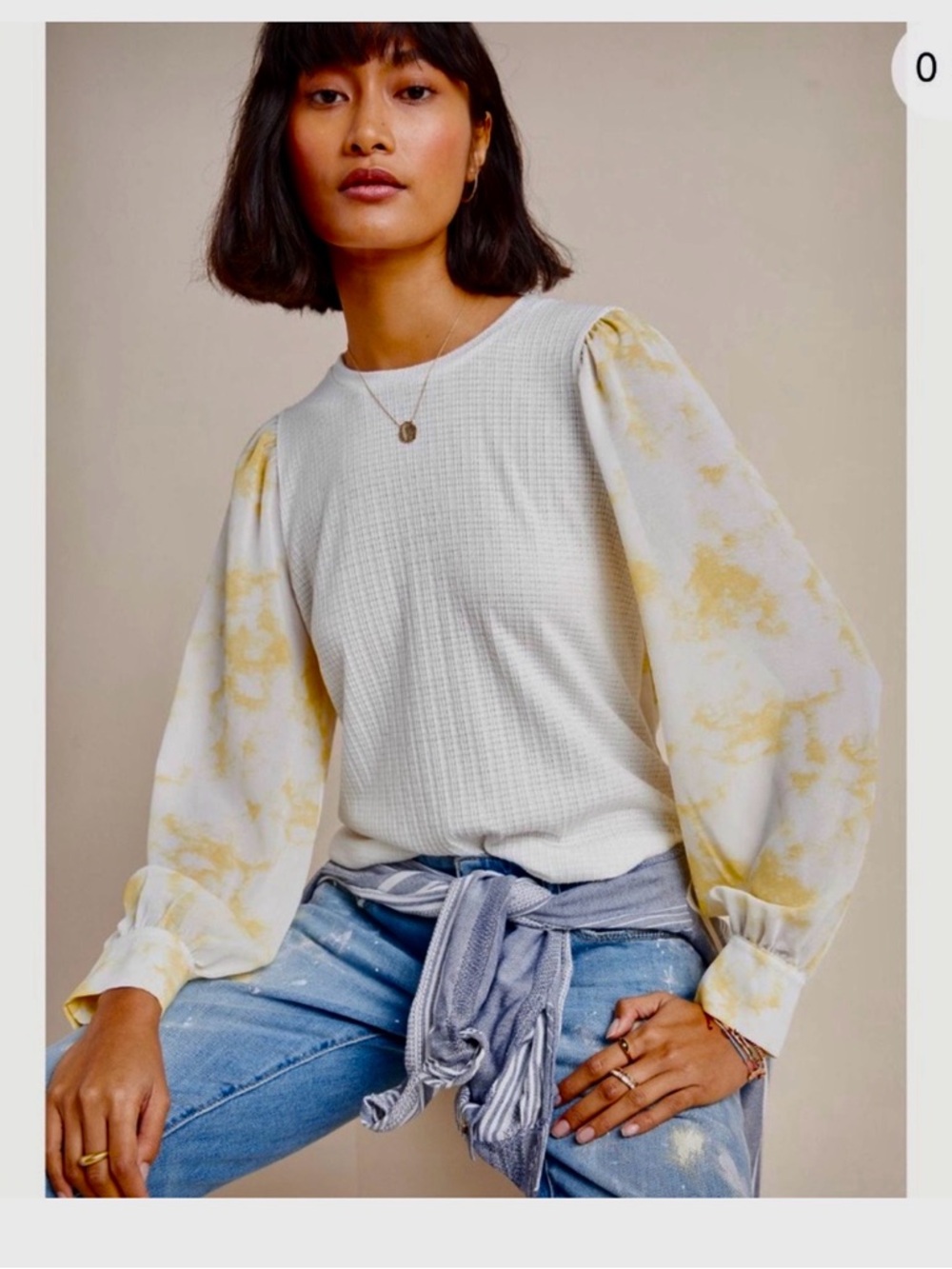 NWT Anthropologie Ro & De White Top with Yellow Tie-Dye Balloon Sleeves